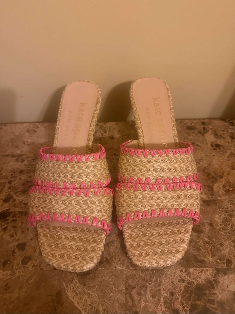Kate spade Natural Straw Slide Mules with Pink Trim w/ watermelon heel!